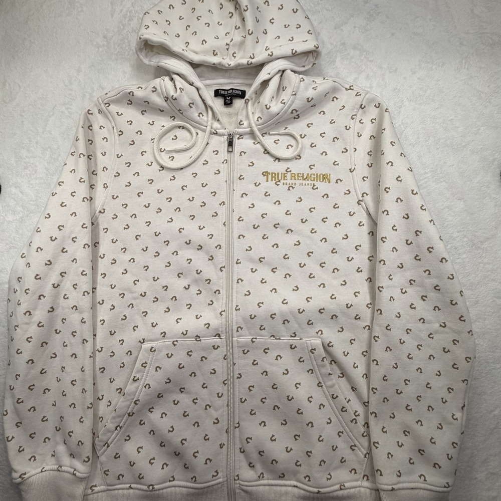 True Religion All Over Print HS Fleece Hoodie Jacket Full Zip White Gold Medium